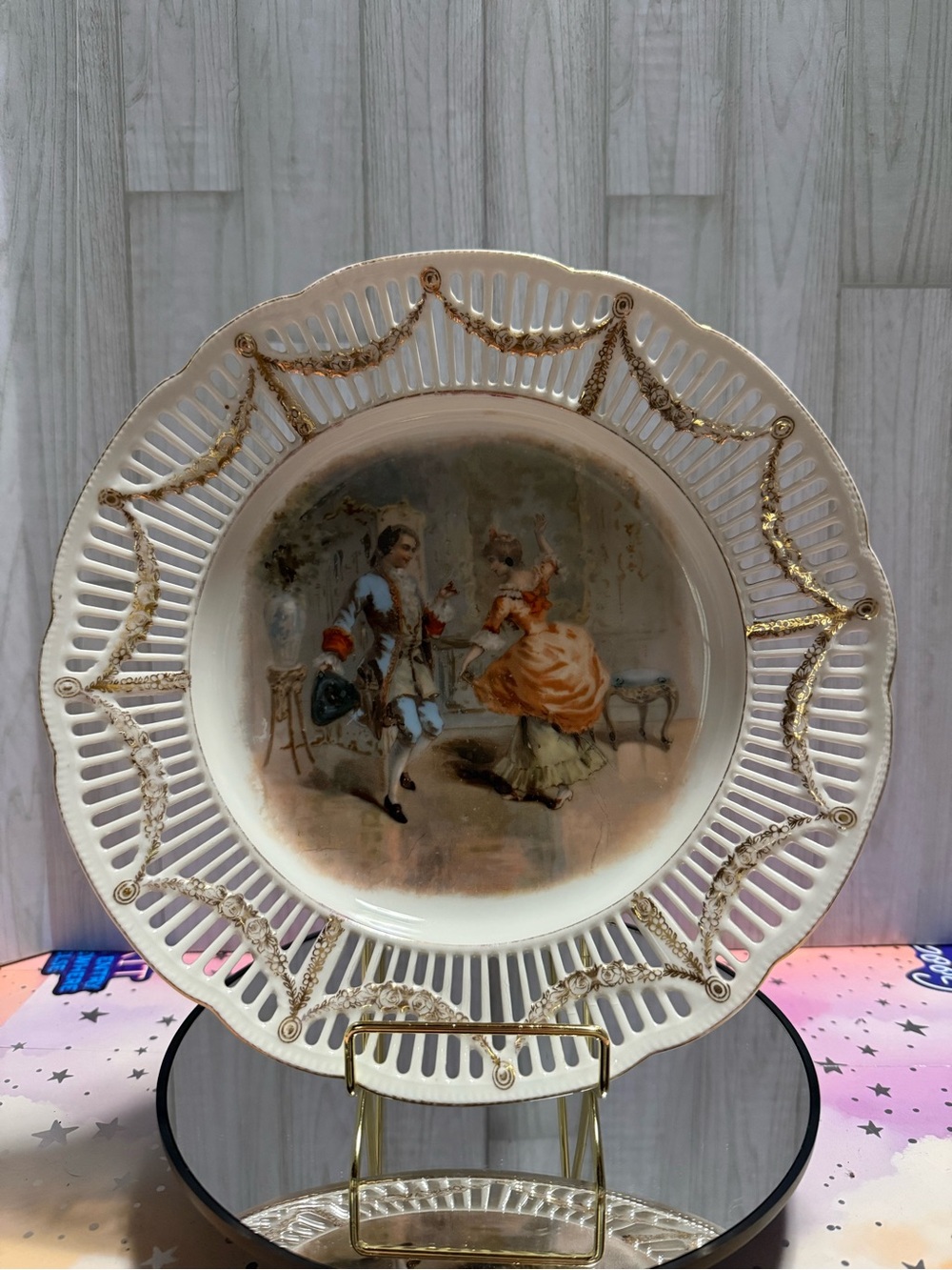 Antique RM Bavaria 9.5” Porcelain Courting Couple Plate Reticulated Gold Gilt